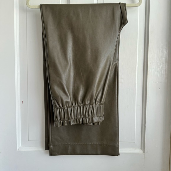 Anthro olive faux leather pant wide leg lounge pant trouser style elastic waist - Picture 11 of 11
